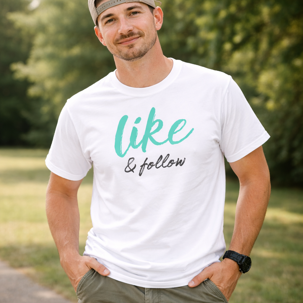 Like & Follow T-Shirt – Social Media Creator Tee | Unisex Cotton Shirt (Black or White)