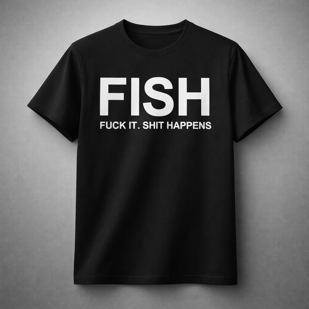 FISH “Fuck It. Shit Happens” Slogan Shirt – Minimalist Graphic Tee Bold Typographic Humor