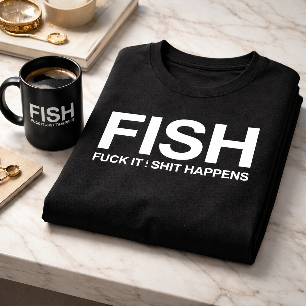 FISH “Fuck It. Shit Happens” Slogan Shirt – Minimalist Graphic Tee Bold Typographic Humor