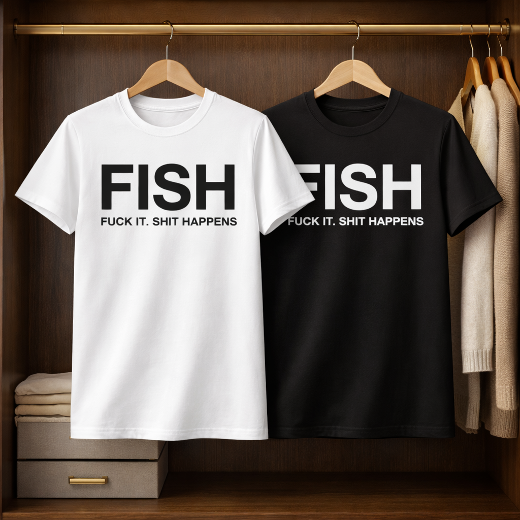 FISH “Fuck It. Shit Happens” Slogan Shirt – Minimalist Graphic Tee Bold Typographic Humor